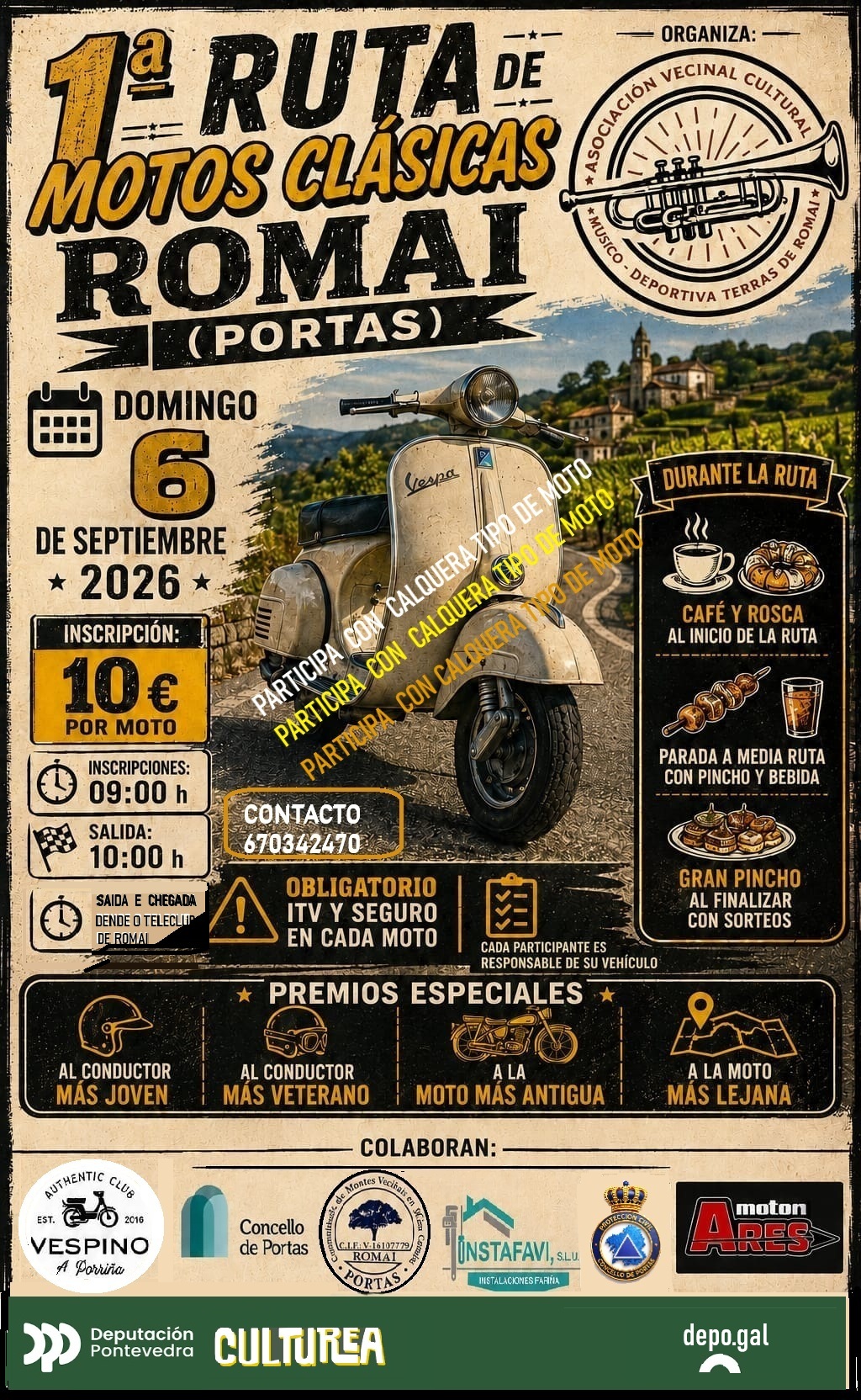 La actividad consiste en una ruta organizada de motocicletas clásicas de carácter recreativo y no competitivo, desarrollándose íntegramente conforme a las normas del Reglamento General de Circulación y demás normativa vigente en materia de tráfico y seguridad vial.
No se trata de una prueba deportiva ni de velocidad, realizándose la circulación a velocidad moderada, adaptada a las características de las motocicletas participantes y a las condiciones de las vías utilizadas.
3. Itinerario previsto
El recorrido se desarrollará por carreteras provinciales y caminos rurales conforme al siguiente itinerario:
Inicio en la EP-9407.
Continuación por la EP-8101.
Incorporación a la EP-8102.
Continuación por la EP-0507.
Acceso a la EP-8004.
Recorrido por caminos municipales, núcleos de población y zonas rurales de especial interés paisajístico, circulando siempre a velocidad reducida y respetando la normativa de tráfico.
Nueva incorporación a la EP-8004.
Continuación por la PO-531.
Incorporación nuevamente a la EP-9407 en el cruce de A Goulla.
Recorrido por nuevos caminos rurales y parajes pintorescos del municipio.
Incorporación nuevamente a la EP-9407 en otro punto del recorrido.
Finalización de la ruta en el Teleclub de Romai.
Todo el recorrido discurrirá por vías abiertas al tráfico, sin cortes de circulación, respetando en todo momento la señalización existente y las indicaciones de las Fuerzas y Cuerpos de Seguridad y Proteccion Civil.